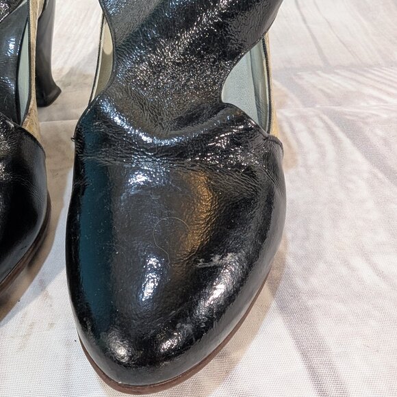 John Fluevog Blind Faith T-Strap Heels Black & Tan Women Size 8 - Picture 3 of 14